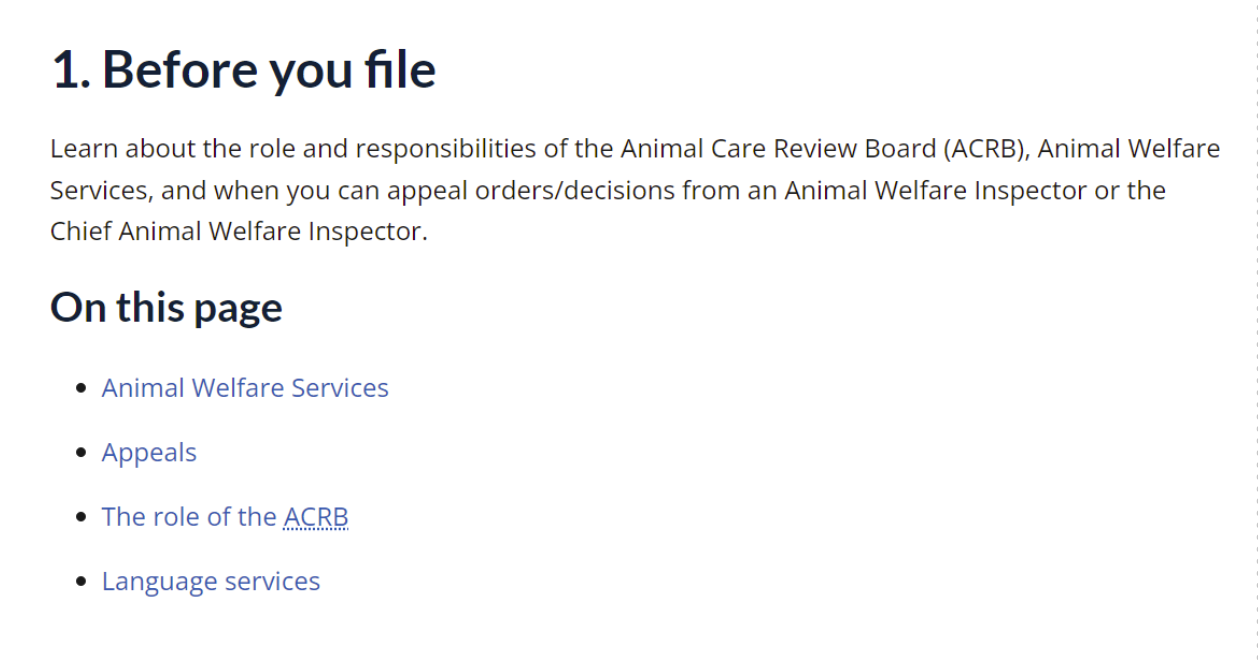 The table of contents on the Before you file page for the Animal Care Review Board. The table of contents includes a list of links to the different sections on the page, including Animal Welfare Services, Appeals, The role of the ACRB and Language services.